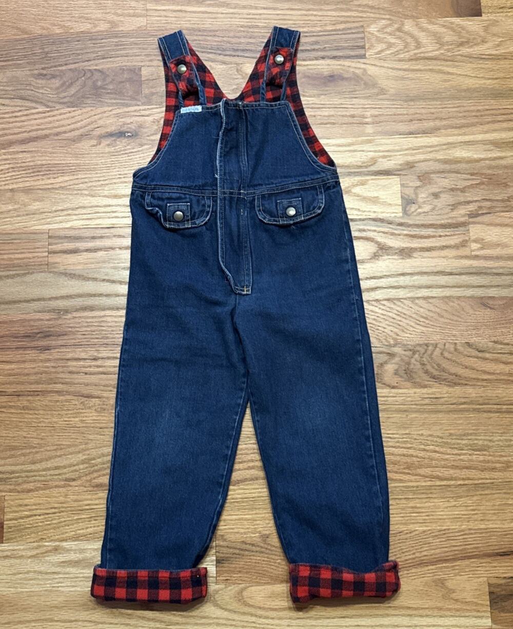 Vintage 80s/90s Sasson Buffalo Plaid Flannel Lined Denim Toddler Overalls 3T